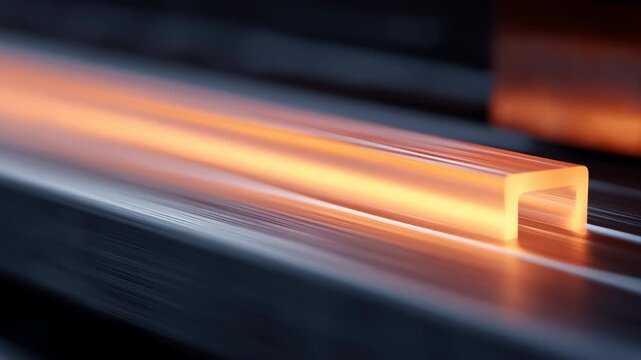Glowing bent metal bar on conveyor industrial steel hot processing glowing metal bar heated steel extrusion glowing hot metal U channel on roller line