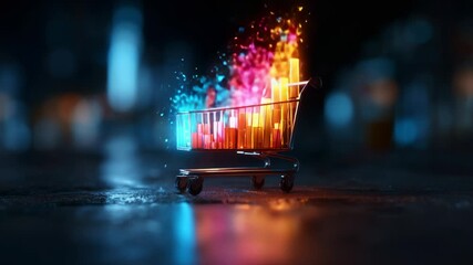 An Enigmatic Shopping Cart Radiating Colorful Data Visualizations, Merging the Concepts of Retail, Technology, and Modern Interpretation of Consumer Behavior in a Vibrant Urban Setting