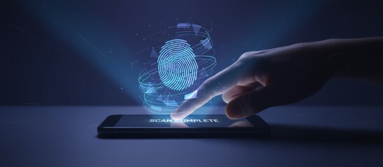Human hand on smartphone screen performing biometric fingerprint scan with holographic digital fingerprint and scan complete message for secure mobile access and identity verification