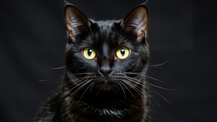 A closeup portrait of a sleek black cat with striking yellow eyes against a dark background