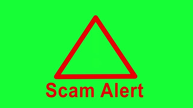 Animated red exclamation mark within a triangle and scam alert text on a bright green background, conveying danger, warning, and fraud detection in a simple graphic style.	