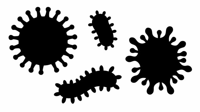 Illustration of various black silhouette bacteria and viruses on a white background surface view