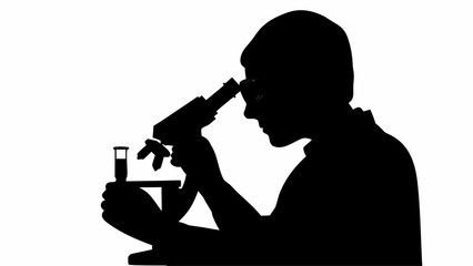 Silhouette of a person using a microscope with a test tube in a laboratory setting for scientific research
