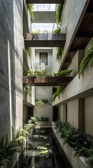 Interior architectural shot of a narrow vertical courtyard house, three floors open to a skylight, suspended wooden bridges