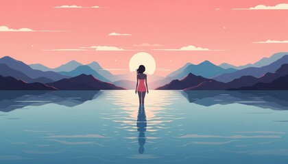 Woman walking in lake at sunset: serene pink sky, mountain backdrop, minimalist style, relaxation and escape
