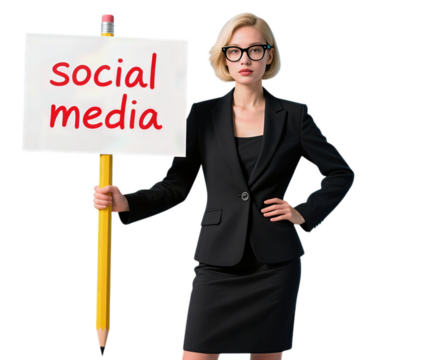 Young professional woman holding a social media sign