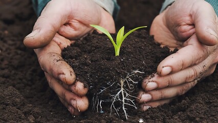 Hands holding a seedling with roots