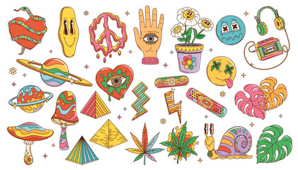 Collage of psychedelic cartoon icons includes plants planets and other whimsical objects. Vector illustration © Neko funny