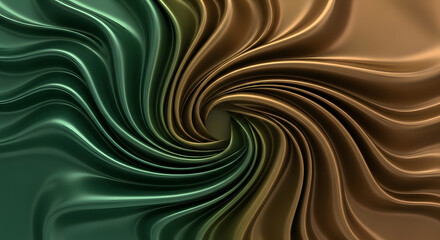 Abstract swirling liquid vortex background, shiny teal and gold metallic texture, dynamic elegant fluid spiral pattern.