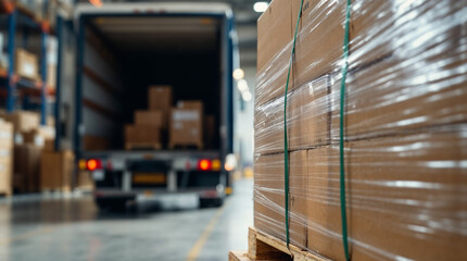 Close-up of packaged goods on a pallet in a warehouse, ready for shipment.