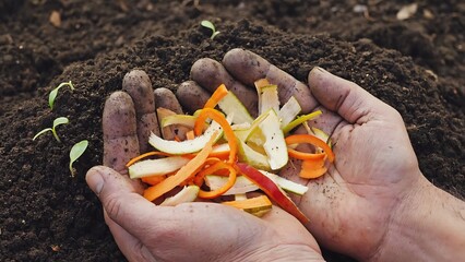 Hands holding vegetable peels over soil