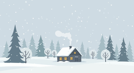 Fototapeta premium Winter Wonderland Cabin Landscape with Snowfall and Pine Trees – Cozy Christmas Nature Vector Illustration
