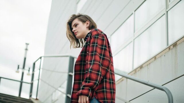 Young woman red plaid shirt ripped jeans female street stairway urban casual punk grunge black boots choker aloof moody fashion motion portrait
