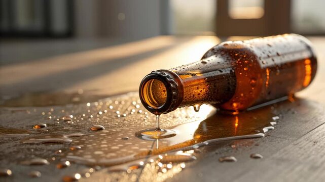 Amber beer bottle spilled liquid condensation on wooden table close up with sunlight reflection and dripping beverage drop