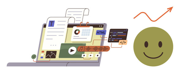 Laptop displaying text, code snippets, charts, media and tools. Green happy highlights progress, arrow indicates growth. Ideal for web design, content creation, teamwork productivity progress