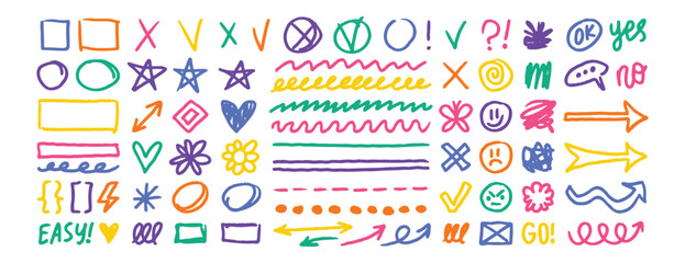 Colored arrows crayon doodle chalk icons set. Colorful doodle array of symbols shapes check marks arrows words and facial expressions all drawn in a childlike style. Grunge scribble chalk marker