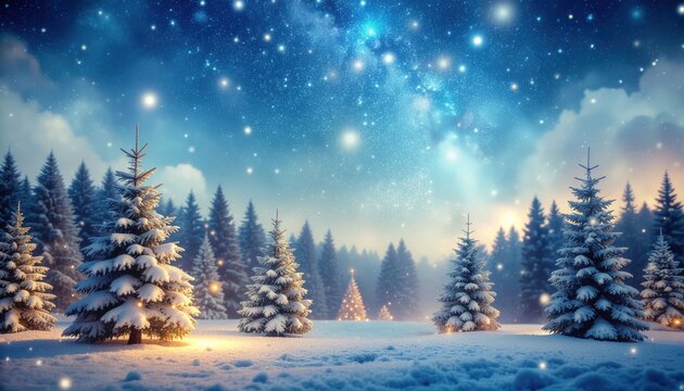 Enchanting winter wonderland scene with snow-covered trees and starry sky peaceful forest landscape magical environment serene night viewpoint nature concept for holiday inspiration