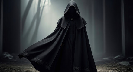 A mysterious figure cloaked in black stands in a dark, ominous forest, shrouded in shadows.