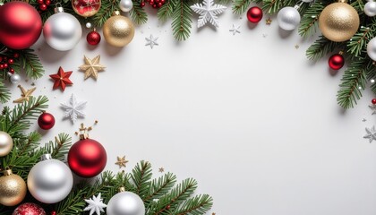 Festive christmas ornaments and pine decorations holiday celebration flat lay arrangement cozy indoor setting aesthetic view seasonal spirit