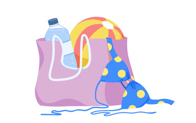 Pink beach bag filled with water bottle, colorful beach ball, and blue polka dot bikini representing summer vacation, travel, and relaxation isolated vector illustration