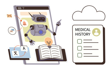 Robot emerging from device assists with medical data, translation, notifications, and learning. Ideal for healthcare, AI, automation, technology education data efficiency. Simple flat metaphor
