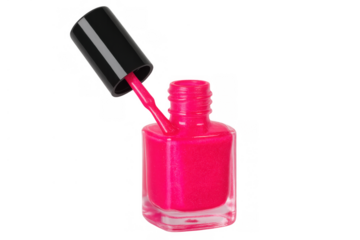 Hot pink nail polish bottle with brush displaying vibrant color, perfect for manicure, beauty and cosmetic themes