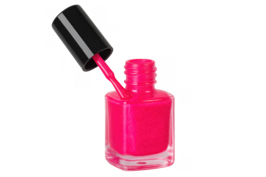 Hot pink nail polish bottle with brush displaying vibrant color, perfect for manicure, beauty and cosmetic themes