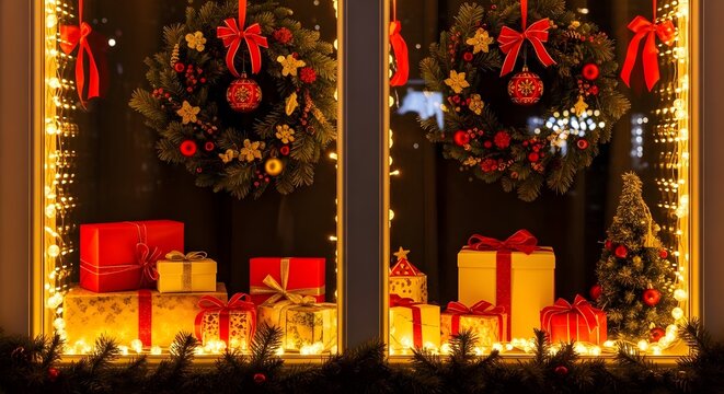 Festive christmas window display with red gifts, wreaths, and warm lights for holiday advertising and celebrations
