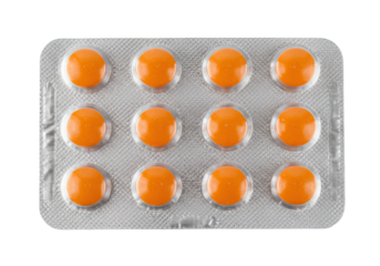 Isolated orange tablets in blister pack for pharmaceutical health care treatment use