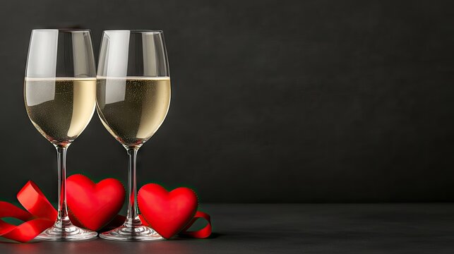Two elegant champagne glasses filled with sparkling drink sit alongside red ribbon and heart decorations on a dark table, perfect for a romantic Valentine's Day celebration