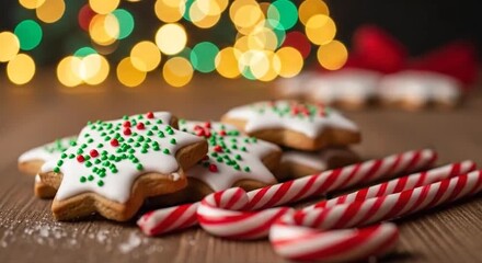 Christmas star cookies and candy canes rest on a wooden table. - Powered by Adobe