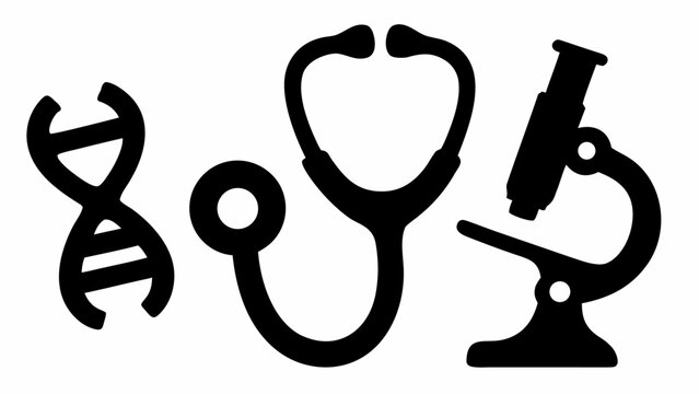 Illustration showing a dna strand stethoscope and microscope in black silhouette on a white background
