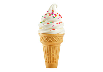 Isolated vanilla soft serve ice cream cone with colorful sprinkles on a warm day, treat