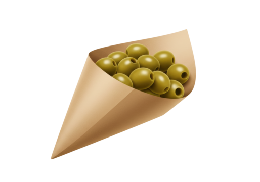 Isolated tasty pitted green olives served in a natural paper cone for a healthy appetizer