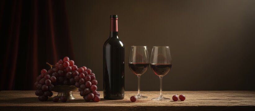 Rich red wine bottle with two filled glasses and a cluster of ripe grapes on a rustic wooden table, moody lighting and classic still life composition for dining scenes