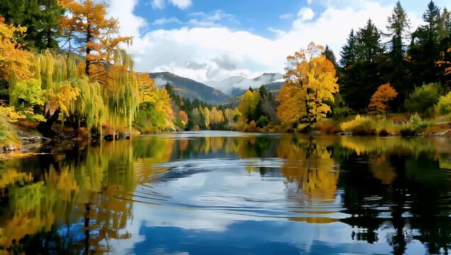 Autumn forest lake scene with golden trees calm water reflections and distant mountains