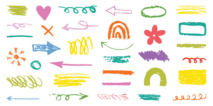 Colored arrows crayon doodle chalk icons set. Handdrawn crayonlike doodles of arrows lines shapes flowers hearts etc in various colors scattered across. Grunge scribble chalk marker drawing, chalk sme