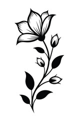 Black silhouette of a blooming flower with buds and leaves on a white background leaf stem