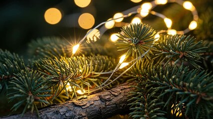 Close up of illuminated warm white LED string lights wrapped around green pine tree branches with bokeh lights background Christmas decoration
- Powered by Adobe