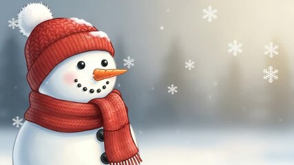 Happy snowman character wearing red knitted beanie hat and scarf smiling in snowy winter landscape with falling snowflakes background

 - Powered by Adobe