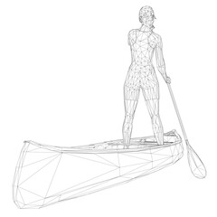 A 3D wireframe woman stands in a canoe, holding a paddle with a clean white background.