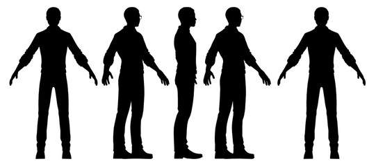 Stylized African male with glasses in four distinct silhouette poses against a white background. The stark contrast creates a modern graphic design element.