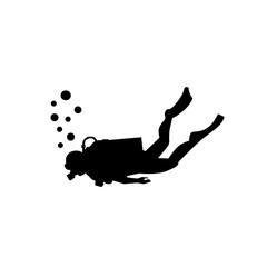 Striking black silhouette of a scuba diver exploring the deep ocean, complete with air bubbles. Captures the spirit of marine adventure, underwater exploration, and tropical travel.