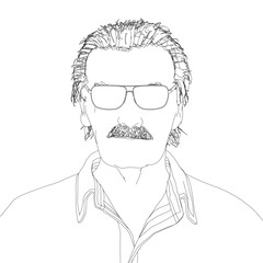 An old man with glasses and a mustache wears a shirt and trousers in this black and white drawing on a white background.