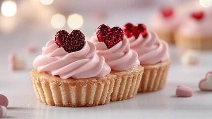Savory tartlet adorned with luscious pink cream and shimmering red glitter hearts, set against a soft pastel background, ideal for Valentine's Day festivities