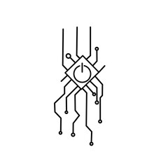 Minimalist line art of a central microchip with a power button symbol, connected to circuitry lines. Represents technology, startup energy, innovation, and digital life.