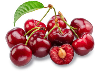 Handful of sweet red cherries with green leaf isolated on white background. File contains clipping paths.
