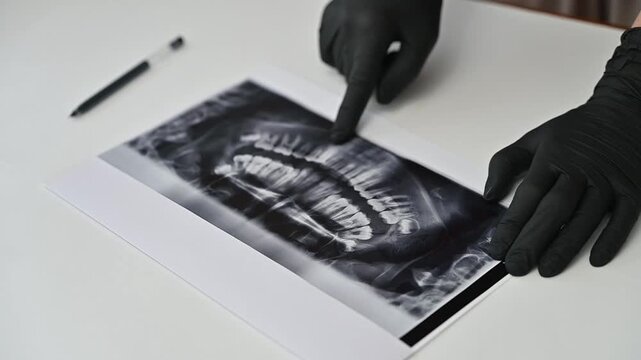 Doctor points to a panoramic X-ray (Orthopantomogram), discussing modern dentistry and orthodontic concept - Powered by Adobe