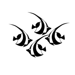 A minimalist black-and-white illustration of four stylized tropical fish swimming together, featuring elegant flowing fins and clean geometric lines for a modern aquatic design.