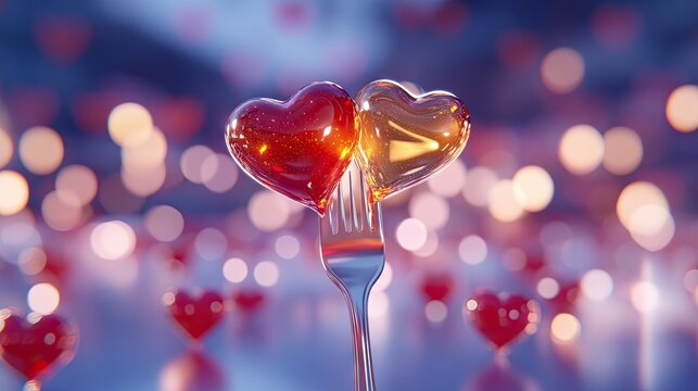 Two shiny golden heart-shaped objects are joined by vibrant red jelly on a fork, set against a backdrop of glass beads and little red hearts. This setup radiates romance and warmth